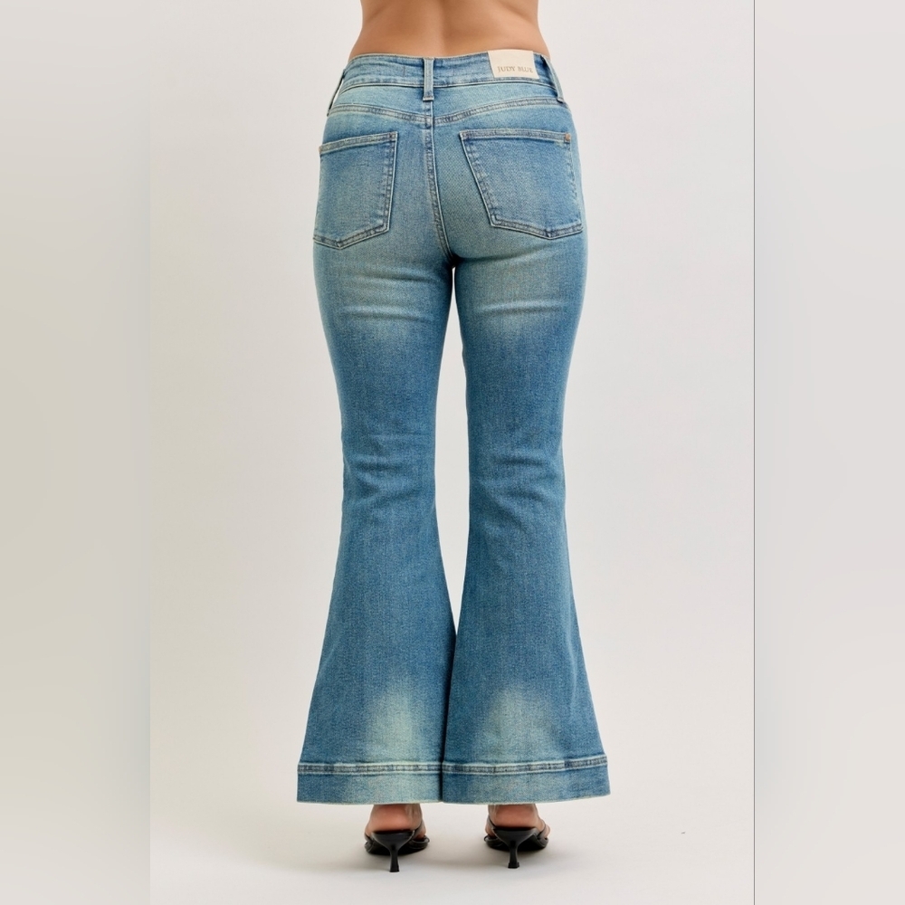 Judy Blue HR Vintage Wash Flare Jeans Seam Hem Detail Double Button Various NEW - Picture 9 of 10